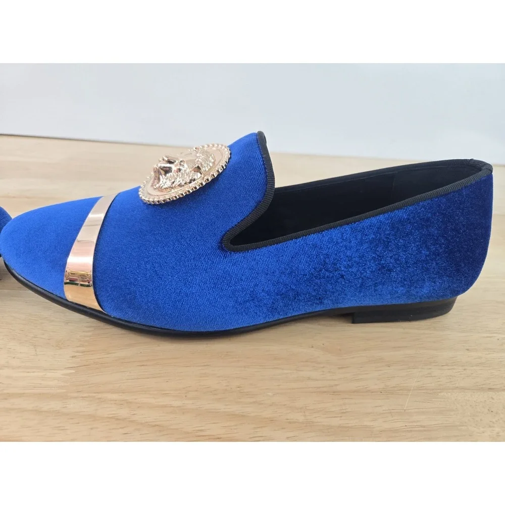 Harpelunde Men's Velvet Loafers Blue‎ Gold Lion Buckle Size 7